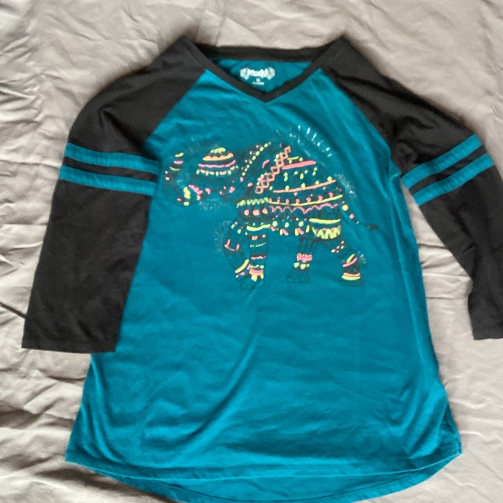 Teal and Black Elephant Graphic Baseball Raglan Tee